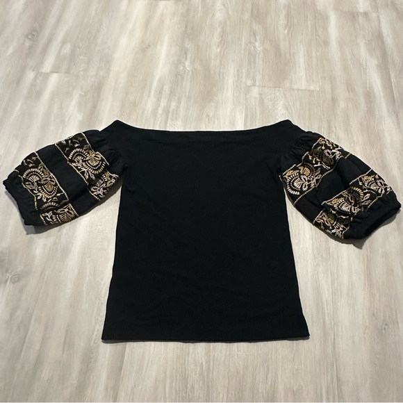 Free People Rock With It Black Embroidered Sleeves Off Shoulder Top Sz S - Picture 3 of 8